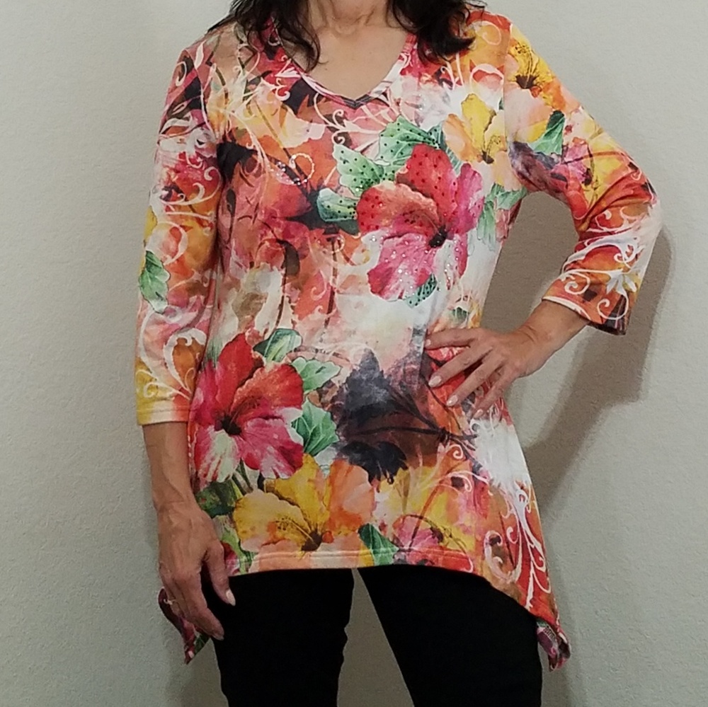 Indigo Soul Floral fall colors embellished mid sleeves top size Large EUC